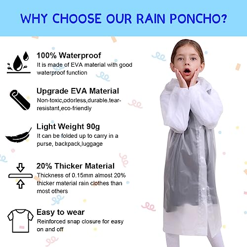 Vicloon Kids Portable Raincoat, 2 Pack Rain Poncho Kids Waterproof with Hoods and Sleeves, Reusable Rain Resistant Poncho for Camping, Emergency Situations, Travel