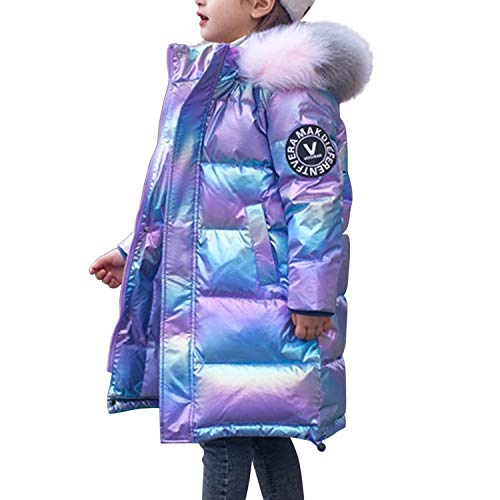 De feuilles Kids Girls Hooded Shiny Down Jacket Winter Warm Casual Quilted Puffer Coat Outerwear with Faux Fur Collar (Purple, 6-7 Years)