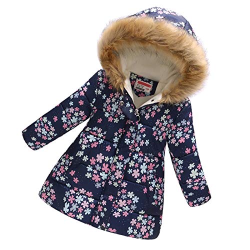 Haokaini Winter Warm Coat for 3-12 Years Baby Girl Boy Floral Hooded Windproof Jacket with Faux Fur Cotton Parka Padded Overcoat