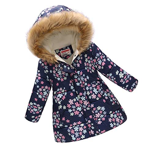 Haokaini Winter Warm Coat for 3-12 Years Baby Girl Boy Floral Hooded Windproof Jacket with Faux Fur Cotton Parka Padded Overcoat