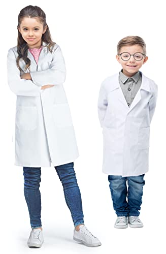 Chrysotex Kids Lab Coat for Children, 100% Cotton, Safety Snap Buttons, Three Pockets, 4-14 Years, Full Length, White (6-8 Years)