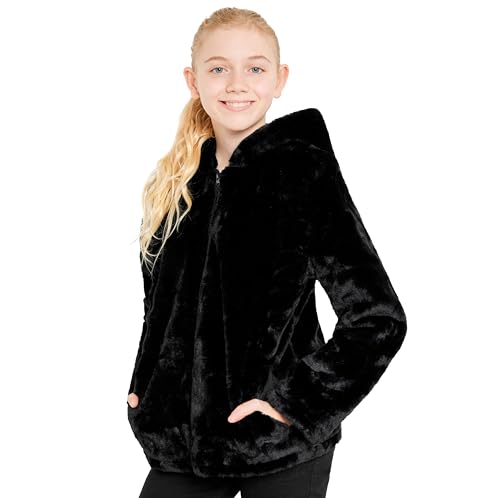 Girls Coat - Fluffy Hooded Zip Up Coat for Kids and Teenagers - Sizes 7-14 Years Cosy Stylish Winter Coat Outwear - Gifts for Girls (Black, 11-12 Years)