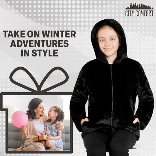 Girls Coat - Fluffy Hooded Zip Up Coat for Kids and Teenagers - Sizes 7-14 Years Cosy Stylish Winter Coat Outwear - Gifts for Girls (Black, 11-12 Years)