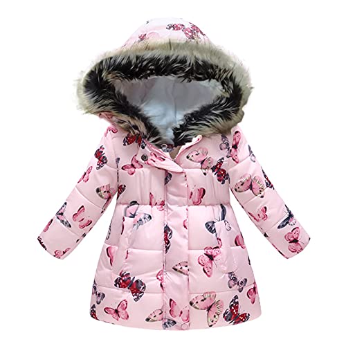 Qiraoxy Childrens Clothing Girls Winter Thick Coat Pink Butterfly Print Long-Sleeved Hooded Windproof Jacket Warm Zipper Button Thick Warm Cotton Parka Coat(Pink 150)