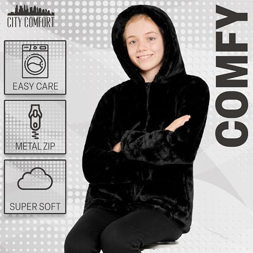 Girls Coat - Fluffy Hooded Zip Up Coat for Kids and Teenagers - Sizes 7-14 Years Cosy Stylish Winter Coat Outwear - Gifts for Girls (Black, 11-12 Years)
