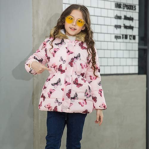 Qiraoxy Childrens Clothing Girls Winter Thick Coat Pink Butterfly Print Long-Sleeved Hooded Windproof Jacket Warm Zipper Button Thick Warm Cotton Parka Coat(Pink 150)