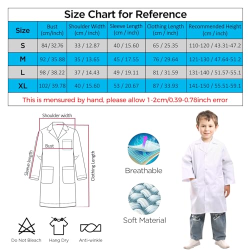 Beautyshow Kids Lab Coats, Boys Girls White Lab Coat, Children Cotton Medical Lab Coat Doctors Coat Science Lab Coats Laboratory Coat Fancy Dress Costumes School Student Child Role Play Dress Up, XL