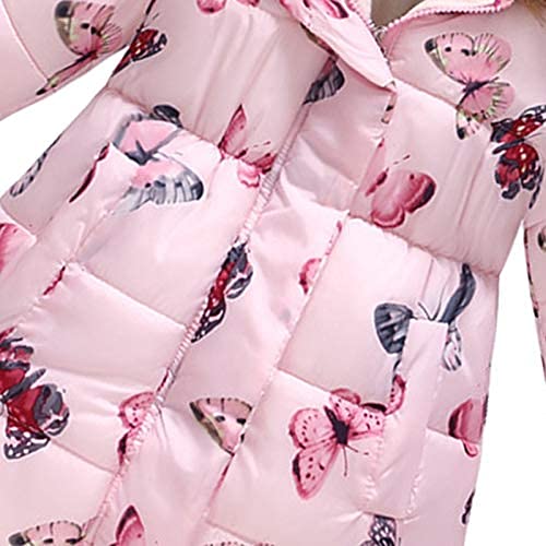 Qiraoxy Childrens Clothing Girls Winter Thick Coat Pink Butterfly Print Long-Sleeved Hooded Windproof Jacket Warm Zipper Button Thick Warm Cotton Parka Coat(Pink 150)