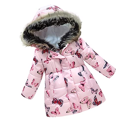 Qiraoxy Childrens Clothing Girls Winter Thick Coat Pink Butterfly Print Long-Sleeved Hooded Windproof Jacket Warm Zipper Button Thick Warm Cotton Parka Coat(Pink 150)