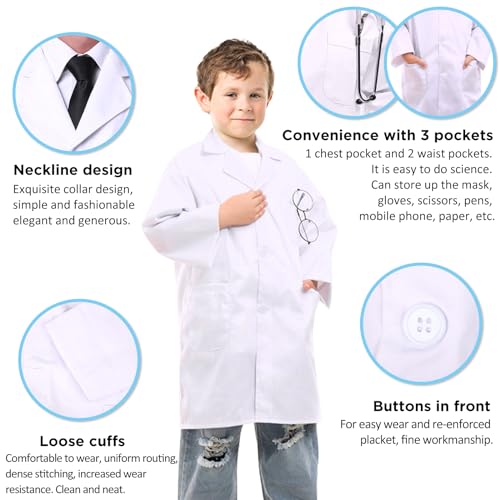 Beautyshow Kids Lab Coats, Boys Girls White Lab Coat, Children Cotton Medical Lab Coat Doctors Coat Science Lab Coats Laboratory Coat Fancy Dress Costumes School Student Child Role Play Dress Up, XL