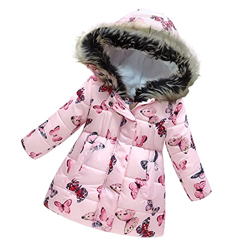 Qiraoxy Childrens Clothing Girls Winter Thick Coat Pink Butterfly Print Long-Sleeved Hooded Windproof Jacket Warm Zipper Button Thick Warm Cotton Parka Coat(Pink 150)