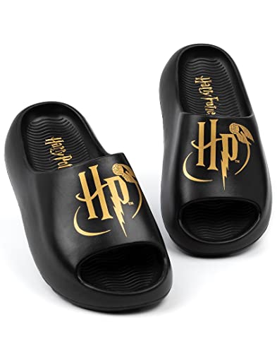 Harry Potter Kids Sliders | Black Moulded Sandals For Boys & Girls | Golden Snitch HP Logo Beach Shoes | Hogwarts Magic Summer Pool Shoes | Slip-on Footwear Movie Merchandise Gift for Children