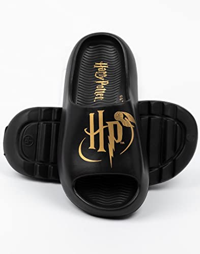 Harry Potter Kids Sliders | Black Moulded Sandals For Boys & Girls | Golden Snitch HP Logo Beach Shoes | Hogwarts Magic Summer Pool Shoes | Slip-on Footwear Movie Merchandise Gift for Children