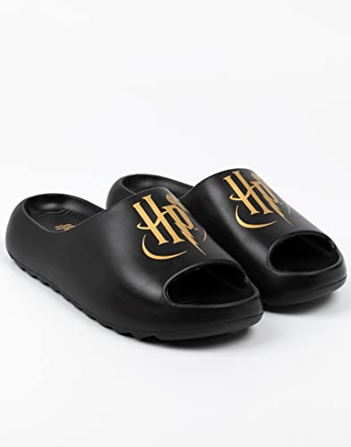 Harry Potter Kids Sliders | Black Moulded Sandals For Boys & Girls | Golden Snitch HP Logo Beach Shoes | Hogwarts Magic Summer Pool Shoes | Slip-on Footwear Movie Merchandise Gift for Children