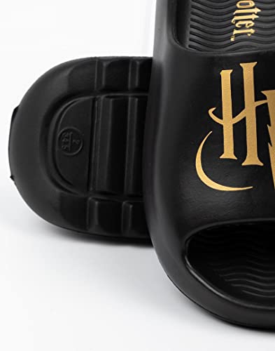 Harry Potter Kids Sliders | Black Moulded Sandals For Boys & Girls | Golden Snitch HP Logo Beach Shoes | Hogwarts Magic Summer Pool Shoes | Slip-on Footwear Movie Merchandise Gift for Children