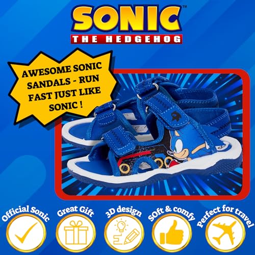 Sonic The Hedgehog Sports Sandals for Boys Sega Open Toe Easy Fasten Sliders Summer Shoes Blue 10 UK Child