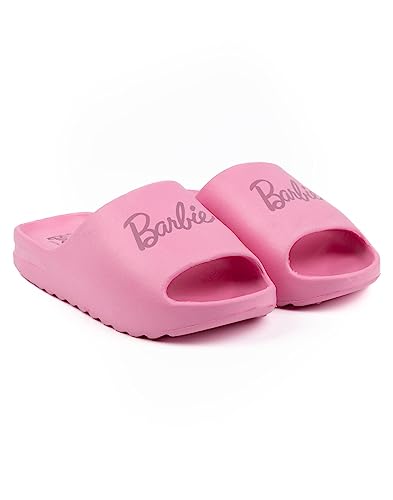 Barbie Girls Sliders | Pink Moulded Ridge Bottom Sandals For Kids & Teens | Fashion Doll Classic Logo Beachwear & Summer Pool Shoes | Slip-on Footwear Movie Merchandise Gift for Children