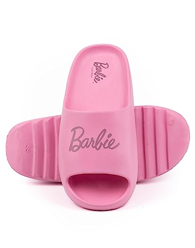 Barbie Girls Sliders | Pink Moulded Ridge Bottom Sandals For Kids & Teens | Fashion Doll Classic Logo Beachwear & Summer Pool Shoes | Slip-on Footwear Movie Merchandise Gift for Children