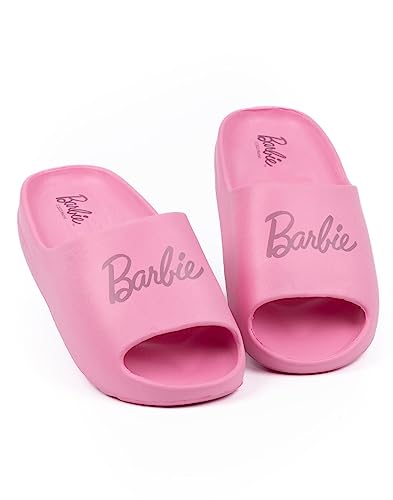 Barbie Girls Sliders | Pink Moulded Ridge Bottom Sandals For Kids & Teens | Fashion Doll Classic Logo Beachwear & Summer Pool Shoes | Slip-on Footwear Movie Merchandise Gift for Children