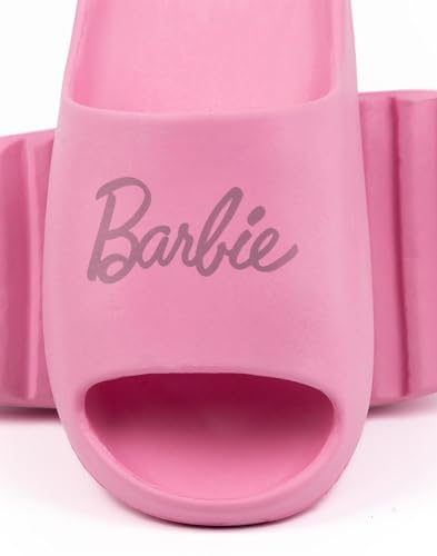 Barbie Girls Sliders | Pink Moulded Ridge Bottom Sandals For Kids & Teens | Fashion Doll Classic Logo Beachwear & Summer Pool Shoes | Slip-on Footwear Movie Merchandise Gift for Children