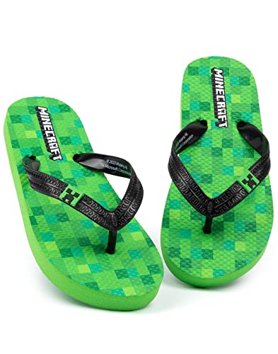 Minecraft Creeper Kids Sandals | Green Flip Flop Sliders For Boys & Girls | Block Pixel Game Villain Summer Shoes | Fun Slip-on Beach Footwear Merchandise Gift for Children and Teens