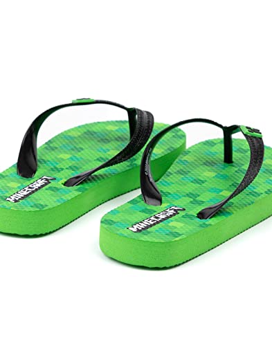 Minecraft Creeper Kids Sandals | Green Flip Flop Sliders For Boys & Girls | Block Pixel Game Villain Summer Shoes | Fun Slip-on Beach Footwear Merchandise Gift for Children and Teens