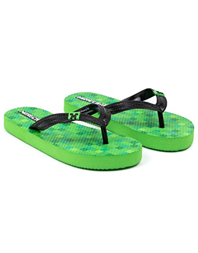 Minecraft Creeper Kids Sandals | Green Flip Flop Sliders For Boys & Girls | Block Pixel Game Villain Summer Shoes | Fun Slip-on Beach Footwear Merchandise Gift for Children and Teens