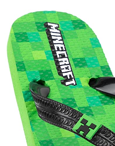 Minecraft Creeper Kids Sandals | Green Flip Flop Sliders For Boys & Girls | Block Pixel Game Villain Summer Shoes | Fun Slip-on Beach Footwear Merchandise Gift for Children and Teens