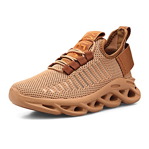 Kids Sneakers Boys Athletic Trainers Girls Sports Shoes Running Shoes Slip On Sneakers Lightweight Fashion Outdoor Size 9UK, Brown