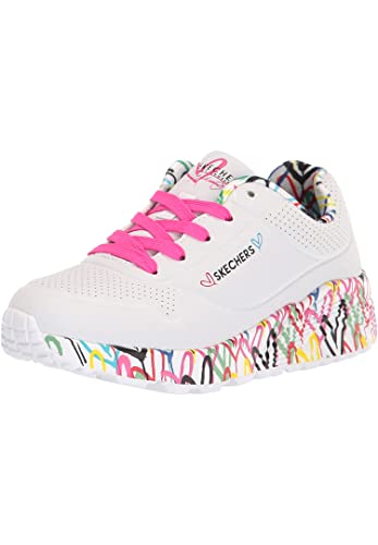 Skechers Girl's Uno Lite Lovely Luv Sneaker, White Synthetic/H. Pink Trim, 13 UK Child