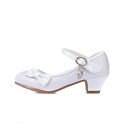 Dream QuanZhou Girls Party Shoes Kids Dress up Glitter Princess Sandals Comfort Childrens Low Block Heels Cosplay Crystal Diamante Wedding Evening Dance Shoes for Little Girls Size 1.5 White