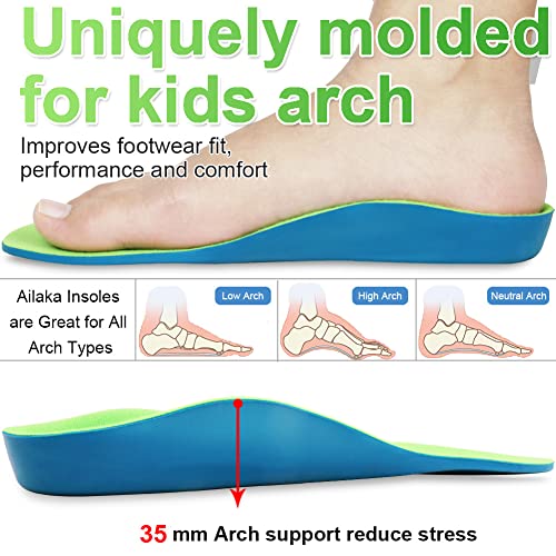 Ailaka Kids Orthotic Arch Support Shoe Insoles, Children PU Foam Cushioning Inserts for Flat feet, Plantar Fasciitis, Feet Heel Pain Relief, Green, 8.5/11 UK Child