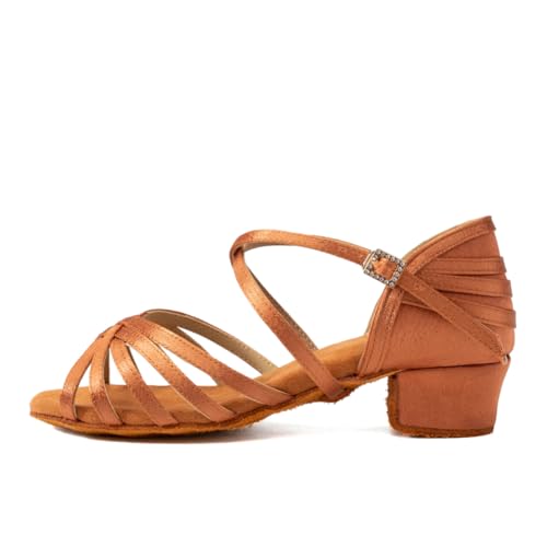 AOQUNFS Girls&Women's Latin Dance Shoes Satin Low Heel Kids&Children's Salsa Bachata Tango Practice Dancing Shoes,WX608-1.38inch,Brown,5 UK