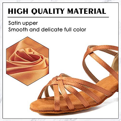 AOQUNFS Girls&Women's Latin Dance Shoes Satin Low Heel Kids&Children's Salsa Bachata Tango Practice Dancing Shoes,WX608-1.38inch,Brown,5 UK