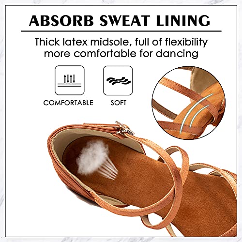 AOQUNFS Girls&Women's Latin Dance Shoes Satin Low Heel Kids&Children's Salsa Bachata Tango Practice Dancing Shoes,WX608-1.38inch,Brown,5 UK