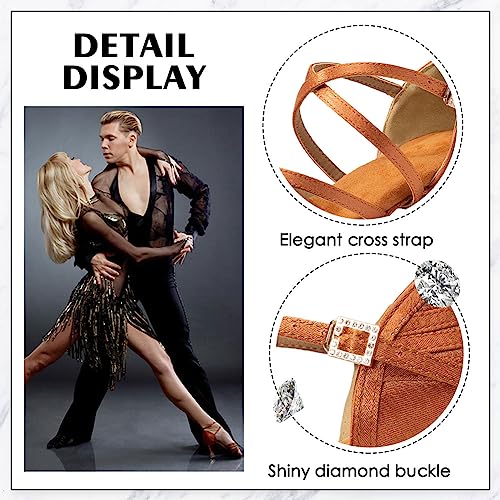 AOQUNFS Girls&Women's Latin Dance Shoes Satin Low Heel Kids&Children's Salsa Bachata Tango Practice Dancing Shoes,WX608-1.38inch,Brown,5 UK