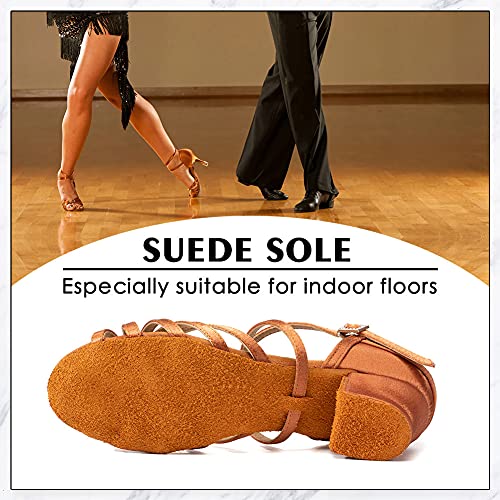 AOQUNFS Girls&Women's Latin Dance Shoes Satin Low Heel Kids&Children's Salsa Bachata Tango Practice Dancing Shoes,WX608-1.38inch,Brown,5 UK