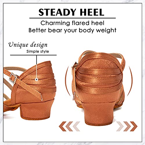 AOQUNFS Girls&Women's Latin Dance Shoes Satin Low Heel Kids&Children's Salsa Bachata Tango Practice Dancing Shoes,WX608-1.38inch,Brown,5 UK