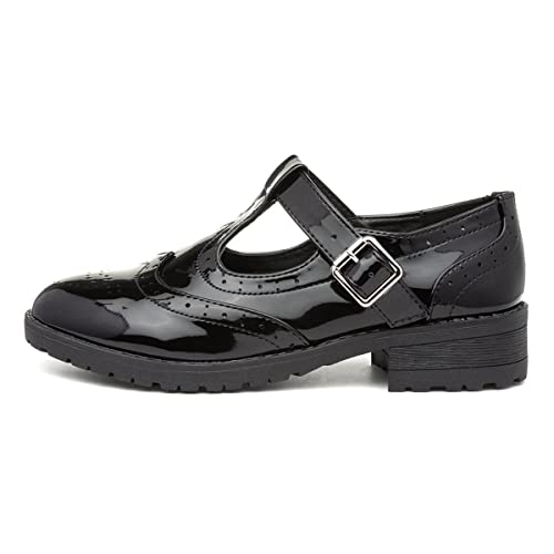 Lilley Girls Black Patent Brogue T-Bar School Shoe - Size 5 UK - Black
