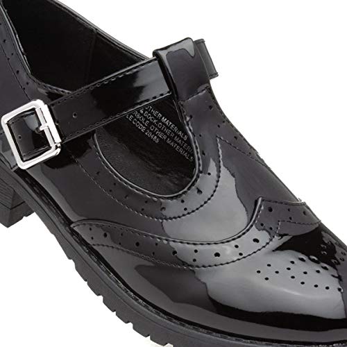Lilley Girls Black Patent Brogue T-Bar School Shoe - Size 5 UK - Black