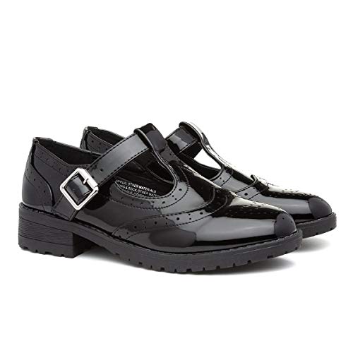 Lilley Girls Black Patent Brogue T-Bar School Shoe - Size 5 UK - Black