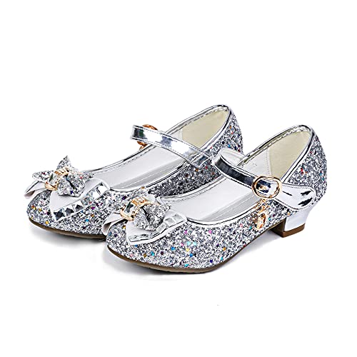 Jiaduowang Girls Dress Shoes Mary Jane Wedding Party Shoes Glitter Bridesmaids Princess Heels Size Size 13.5 Silver