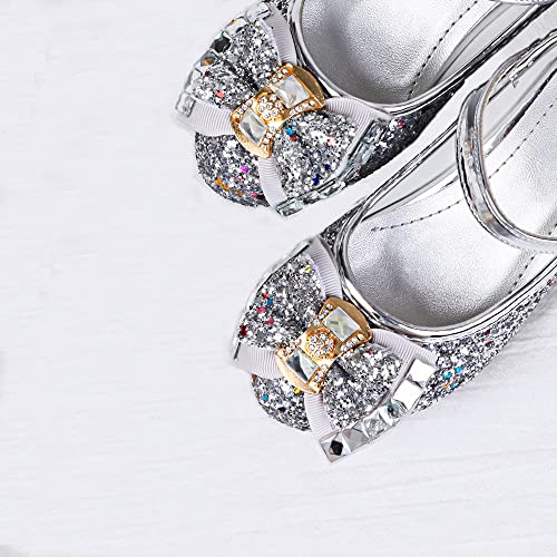 Jiaduowang Girls Dress Shoes Mary Jane Wedding Party Shoes Glitter Bridesmaids Princess Heels Size Size 13.5 Silver