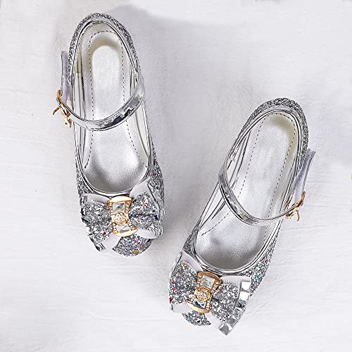 Jiaduowang Girls Dress Shoes Mary Jane Wedding Party Shoes Glitter Bridesmaids Princess Heels Size Size 13.5 Silver