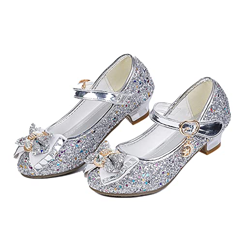 Jiaduowang Girls Dress Shoes Mary Jane Wedding Party Shoes Glitter Bridesmaids Princess Heels Size Size 13.5 Silver