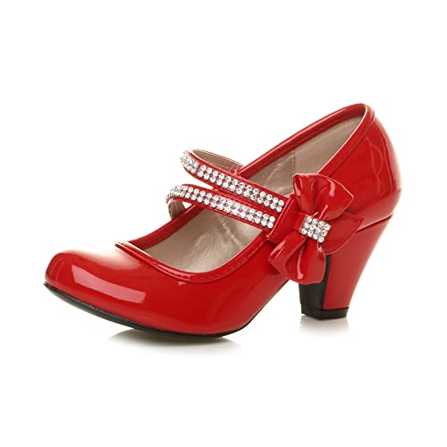 Ajvani Girls Kids Childrens Low Heel Strap Bridesmaid Party Formal Evening Shoes, Red Patent Bow, 1 UK Child