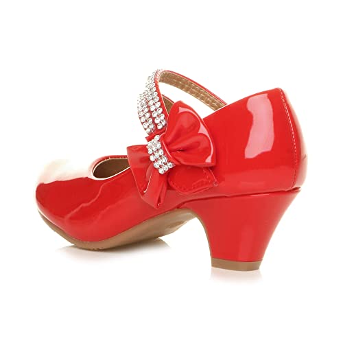 Ajvani Girls Kids Childrens Low Heel Strap Bridesmaid Party Formal Evening Shoes, Red Patent Bow, 1 UK Child