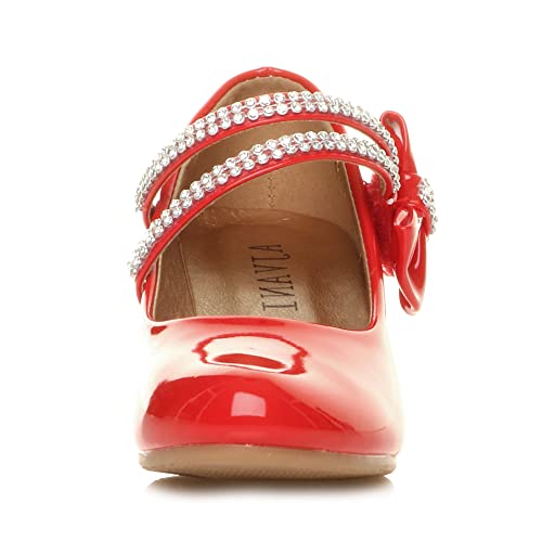Ajvani Girls Kids Childrens Low Heel Strap Bridesmaid Party Formal Evening Shoes, Red Patent Bow, 1 UK Child