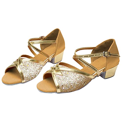 Girl's Latin Dance Shoes Soft Soled Girls Glitter Ballroom Dance Shoes Kids Latin Tango Dance Practice Low Heels 2 Style-1-Gold