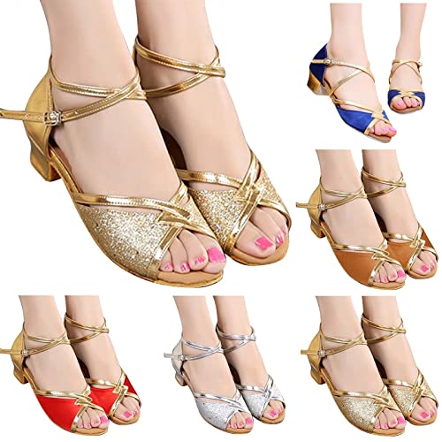 Girl's Latin Dance Shoes Soft Soled Girls Glitter Ballroom Dance Shoes Kids Latin Tango Dance Practice Low Heels 2 Style-1-Gold